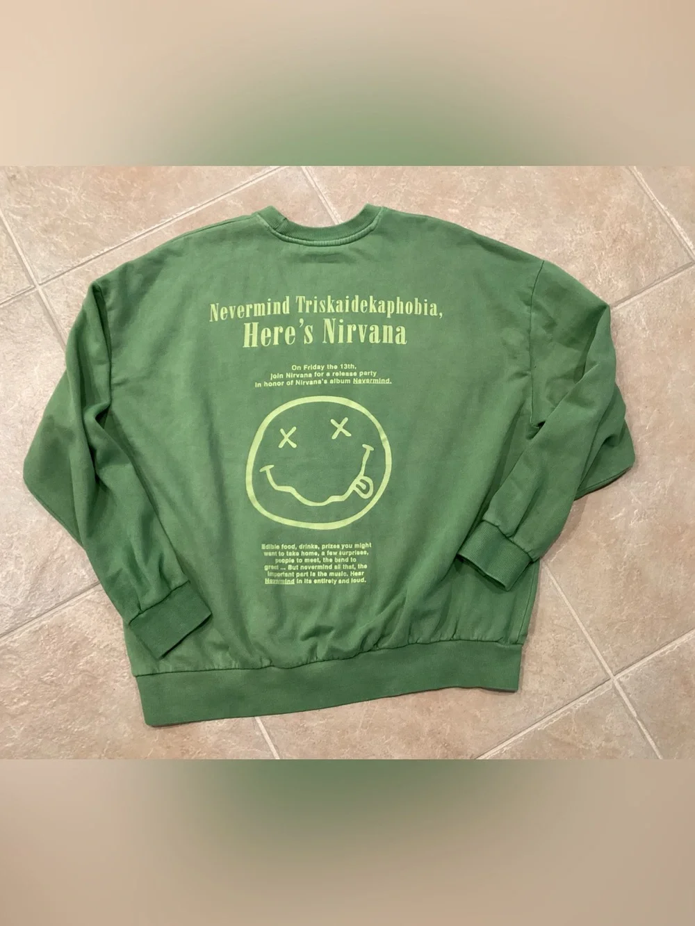 Nirvana 90’s “Nevermind” Green 2 Sided Adult Sweatshirt Sz Large - IEC